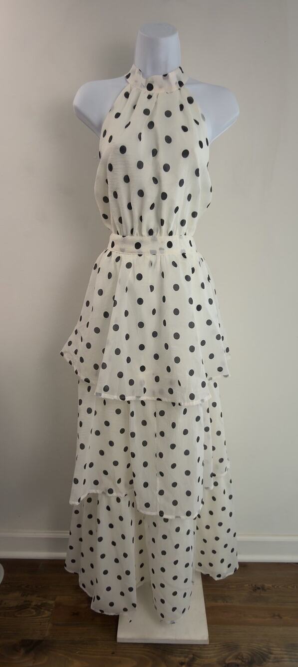 Flying Tomato Polka Dot Chiffon Tiered Ruffle Midi Dress Sleeveless Sz Large